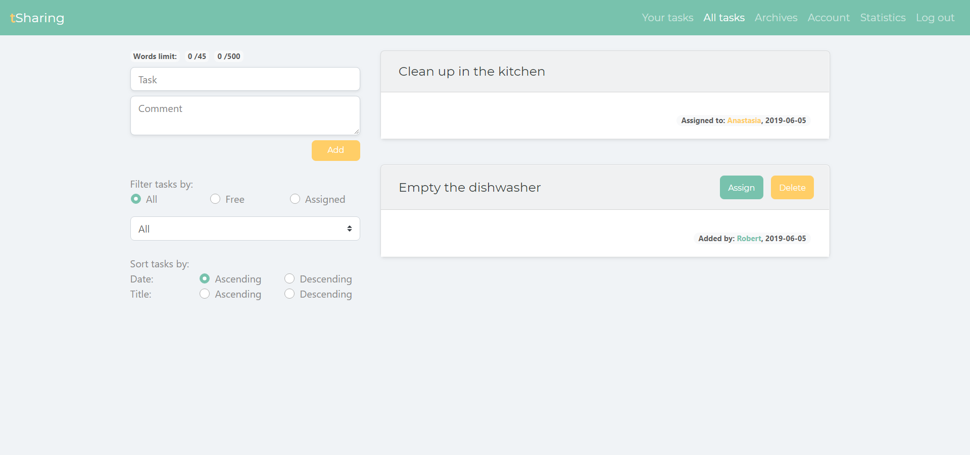 tSharing user panel